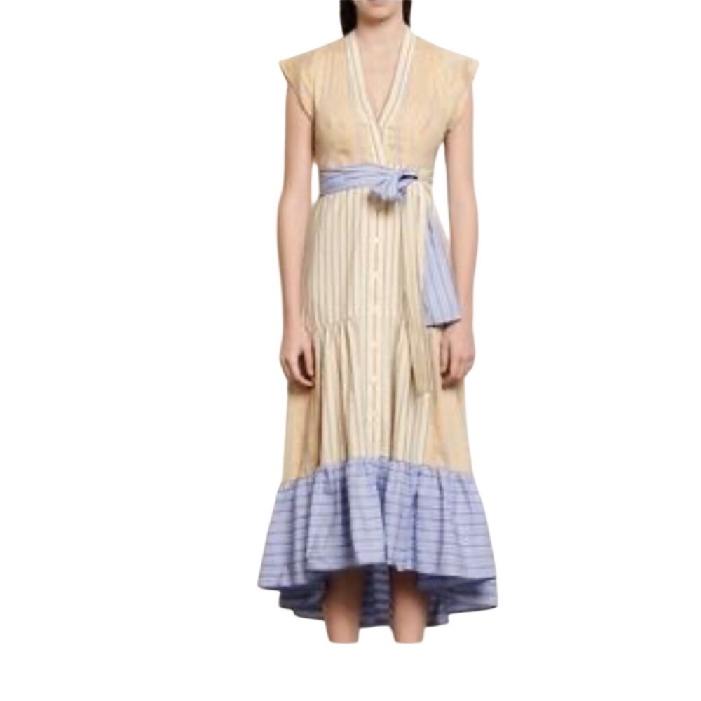 Sandro Paris Striped V-Neck Tie-Waist Tiered Midi Dress Tan Blue Size 34